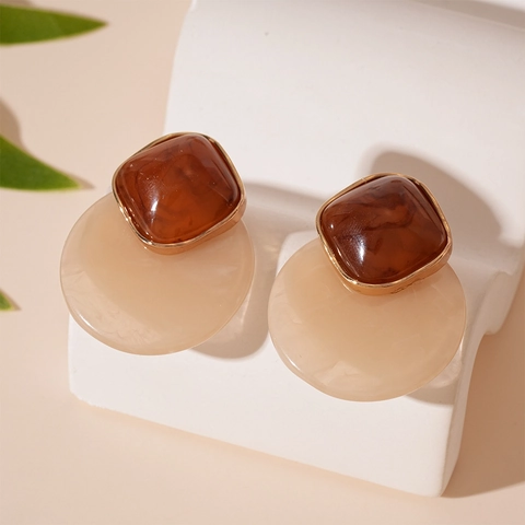 Geometric Resin Stud Earrings With Silver Earring Post Retro Contrast Color Square Round Vintage Jewelry For Women
