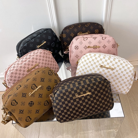 Women Crossbody Camera Bag PU Leather Monogram Print Retro Small Square Shoulder Purse Zipper Closure Fashionable