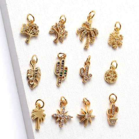 Ciondoli DIY In Rame Con Zircone Placcato Oro Stili Naturali Per Creazione Gioielli Palma Cactus Stella Fiocco Di Neve