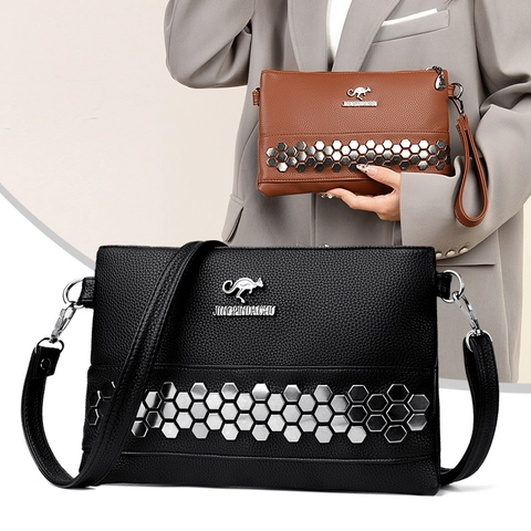 Pochette Da Donna In Pelle PU Con Borchie Metalliche Esagonali Borsa A Tracolla Elegante Texture Litchi
