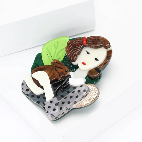 Creative Cartoon Acrylic Brooch Pin Girl Holding Rabbit Design Multicolor Glitter Embellishment For Women Suit Cardigan Jewelry Gift