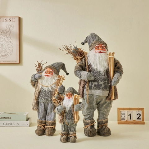Bambola Babbo Natale Nordico Ornamento Statuina In Piedi Maglia Pelliccia Sintetica Sci Legno Decorazione Casa
