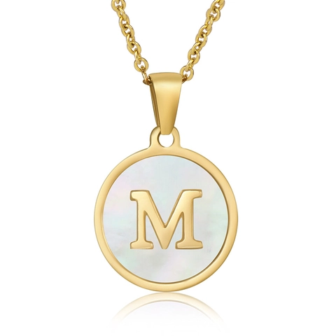 Collar Con Colgante De Letra Inicial Redonda Chapado En Oro De 18K Acero Inoxidable Nácar Natural Esmalte Joyería