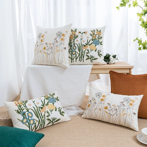 Kissenbezug Mit Blumenstickerei Baumwoll-Canvas Kissenhülle Wildblumenmuster Nordischer Pastoraler Landhausstil Dekoration