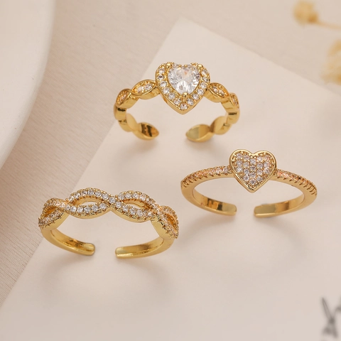 Adjustable Open Rings Women Copper Gold Plated Cubic Zirconia Heart Infinity Geometric Minimalist Elegant Jewelry