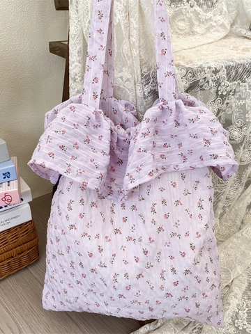 Floral Ruffle Tote Bag Women Large Capacity Chiffon Shoulder Handbag Sweet Pastoral Style Casual Daily Use