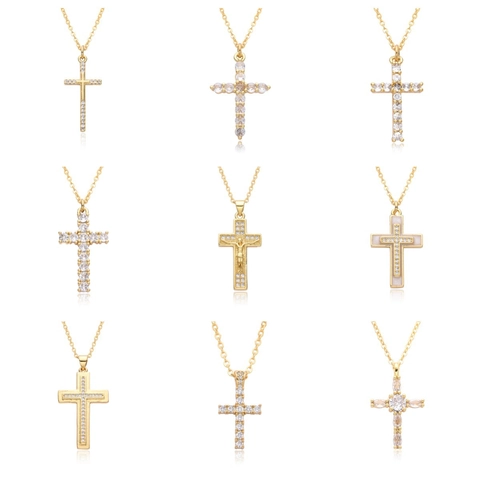 Fashion Copper Rhinestone Cross Pendant Necklace For Women European American Style Gold Plated Religious Choker Jewelry Gift