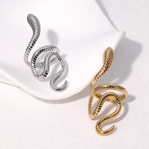 Snake Open Ring Stainless Steel 18K Gold Plated Animal Wrap Adjustable Textured Scales Fashion Jewelry For Women