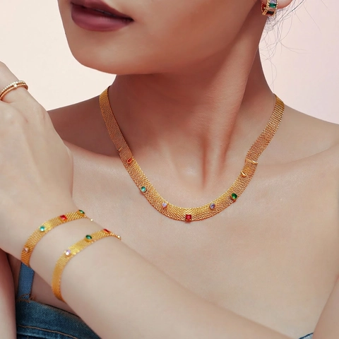 Collier Et Bracelet En Maille Acier Inoxydable Zircon Coloré Géométrique Plaqué Or Bijoux