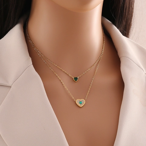 Collana A Doppio Strato Con Ciondolo A Cuore Verde Smeraldo Acciaio Inossidabile Gioielli Eleganti Da Donna Stile Lusso