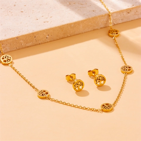 Tree Of Life Jewelry Necklace Bracelet Earrings Stainless Steel Gold Plated Hollow Round Design Fashion Elegant For Women