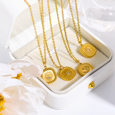 Collana Pendente Carta Dei Tarocchi Vintage Acciaio Inossidabile Placcato Oro 18K Smalto Sole Luna Stella Occhio Cuore