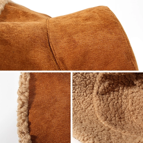 Women Winter Bucket Hat Corduroy Sherpa Lined Warming Panama Cap Casual Retro Soft Foldable