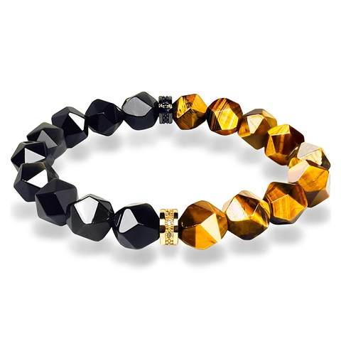 Naturstein Armband Facettiertes Tigerauge Obsidian Edelstein Verstellbar Elastisch Heilung Schutz Geschenk Herren Damen