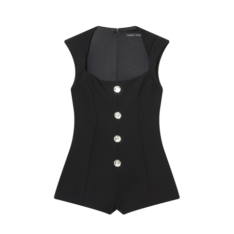 Combishort Sans Manches Avec Boutons En Strass Noir Coupe Ajustée Élégante Combinaison Courte Pour Femme Soirée