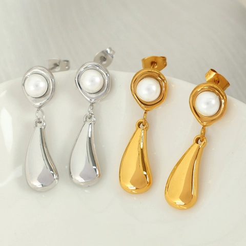 Minimalist Teardrop Dangle Earrings Stainless Steel 18K Gold Plated Imitation Artificial Pearl French Retro Style For Women