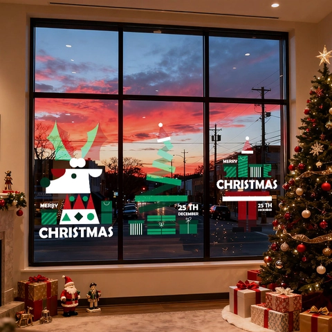 Christmas Window Cling Static PVC Reusable Reindeer Tree Glass Door Decoration Festive Geometric Holiday Atmosphere