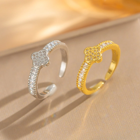 Clover Open Adjustable Ring Copper Gold Plated Full Zircon Rhinestone Luxury Fashion Jewelry For Women