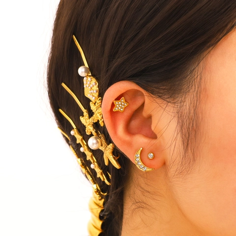Star Moon Stud Earrings Set Stainless Steel 18K Gold Plated Rhinestone Waterproof Hypoallergenic Jewelry For Women