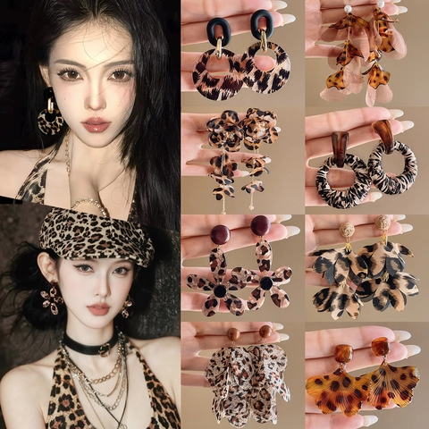 Pendientes De Aro Geométricos De Acrílico Con Estampado De Leopardo Vintage Con 925 Sterling Silver Earring Post Para Mujer