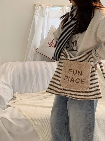 Women Striped Plush Tote Bag With Embroidery Lamb Wool Patch Magnetic Closure Shoulder Crossbody Handbag For Winter Casual