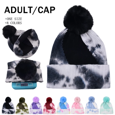 Bonnet En Tricot Tie Dye Pompon En Fausse Fourrure Chaud Hiver Bord Roulé Extérieur Décontracté Tendance Pour Hommes Femmes