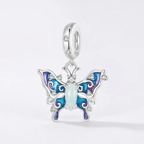 925 Sterling Zilver Lichtgevende Vlinder Hanger Glow In The Dark Blauw Paars Emaille Zirkoon Bedeltje Voor Ketting DIY Sieraden