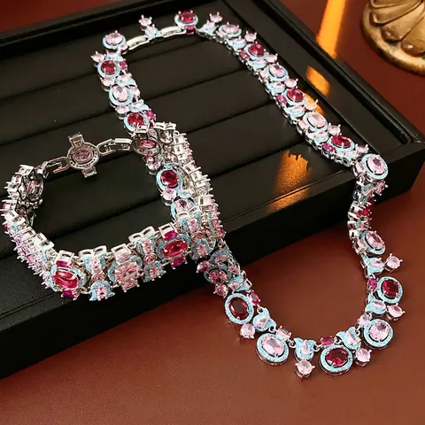 Vintage Necklace And Bracelet Jewelry Copper Zircon Colorful Stones Palace Style Luxury Geometric Accessories For Women