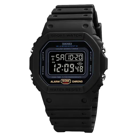 Men Sporty Digital Watch Plastic Case Stainless Steel Back Luminous Waterproof Chronograph Alarm Dual Time Outdoor Electronic Wristwatch