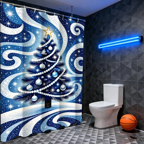 Kerst Douchegordijn Waterdicht Polyester Blauw Boompatroon Badkamer Decoratie Wintervakantie Sterrennacht Motief Met Haken