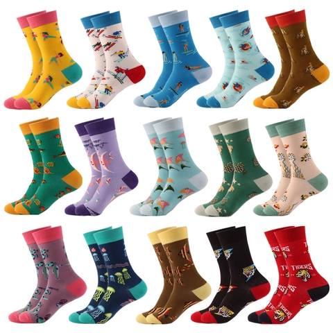 Trendy Cotton Mid-Calf Crew Socks Novelty Printed Tiger Sports Sea Animals Breathable Sweat Wicking Unisex Style