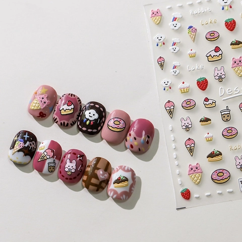 Embossed Relief Nail Stickers Cartoon Dessert Rabbit Cake Self Adhesive Manicure Decals DIY Beauty Decor