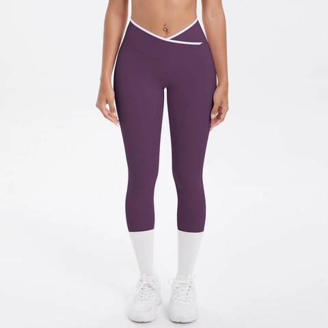 High Waist Yoga Hose Leggings Crossover V Taille Kontrastpaspel Nylon Spandex Elastisch Fitness Damen Bauchkontrolle