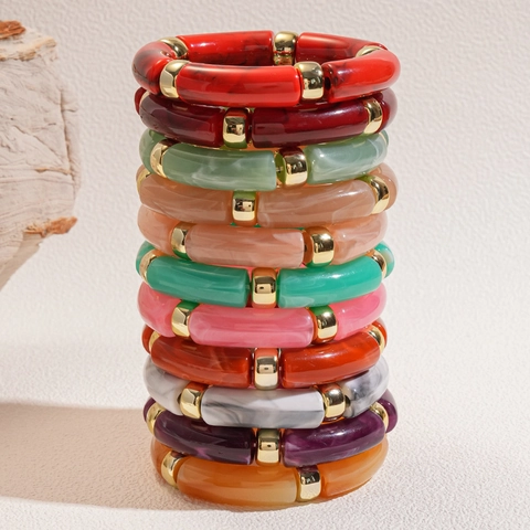 Acrylic Resin Bamboo Tube Bracelet Gold Metal Spacer Marble Pattern Bohemian Elastic Bangle Jewelry For Women