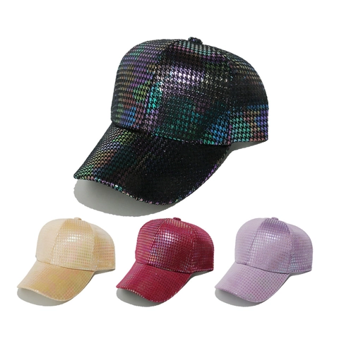 Gorra De Béisbol De Mujer Con Estampado De Pata De Gallo Bronceado Brillante Sombrero Holográfico Metálico Reflectante