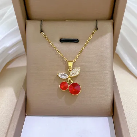 Collana Pendente Ciliegia Catena Acciaio Inossidabile Rame Cristallo Rosso Zircone Bianco Gioielli Moda Donna Eleganti