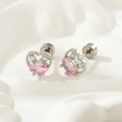 Pink Heart Rabbit Cartilage Stud Earring Titanium Steel Zircon Screw Back Piercing Jewelry For Women