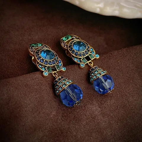 Vintage Baroque Blue Crystal Water Drop Κλιπ Σκουλαρίκια Κράμα Στρας Πολυτελή Ρετρό Κοσμήματα Σε Στυλ Παλατιού Για Γυναίκες