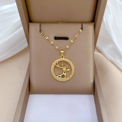 Hirschkopf Anhänger Halskette Edelstahlkette Kupfer Zirkonia Luxus Eleganter Schmuck Für Damen