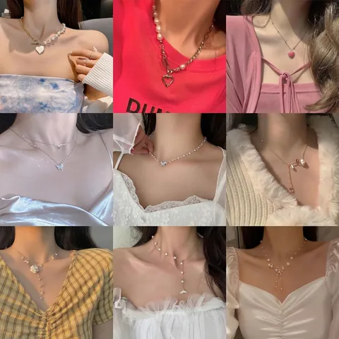 Alloy Faux Artificial Pearl Butterfly Heart Pendant Necklace Elegant Korean Style Clavicle Chain Jewelry For Women Girls Novelty