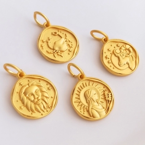 Vintage Sand Gold Twelve Zodiac Pendants Electroplated Copper Round Constellation Charms For DIY Necklace Bracelet Making Women Jewelry