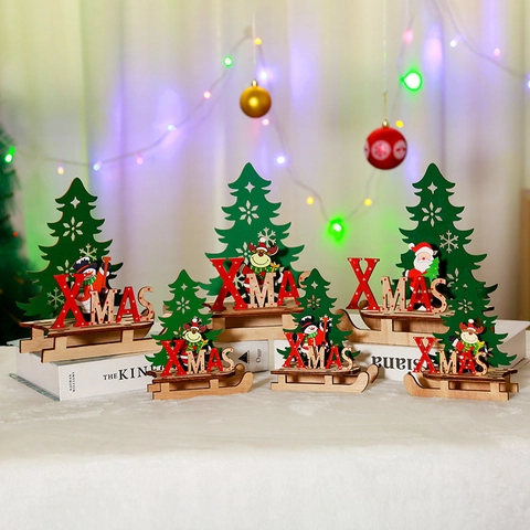 Ornements De Traîneau En Bois De Noël Décoration De Bureau DIY Père Noël Bonhomme De Neige Renne Sapin De Noël Décor De Table