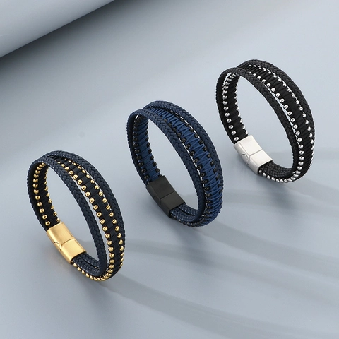 Bracelet Tressé Pour Homme Multi Couches Cuir De Vachette Véritable Acier Inoxydable Fermoir Magnétique Vintage