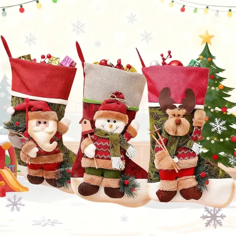 Calza Di Natale Sacco Regalo Appeso Personaggio 3D Babbo Natale Pupazzo Di Neve Renna Tessuto Lino Decorazione