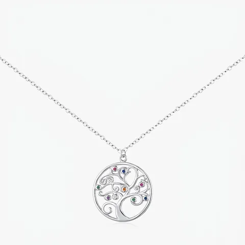 Baum Des Lebens Halskette 925 Sterling Silber Bunte Zirkonia Runder Hohler Anhänger Eleganter Schmuck Für Damen