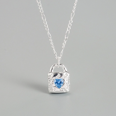 925 Sterlingsilber Blaues Herz Strass Schloss Anhänger Halskette Mode Einfach Süß Schlüsselbein Kette Damen Schmuck Geschenk