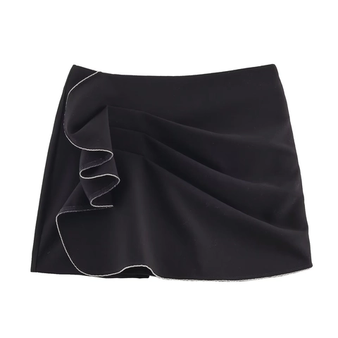 Women High Waist Ruched Skort With Rhinestone Bead Trim Ruffle Mini Sexy Party Streetwear Black Polyester