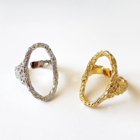 Irregular Lava Texture Open Ring 925 Sterling Silver Hollow Oval Geometric Adjustable Ring For Women