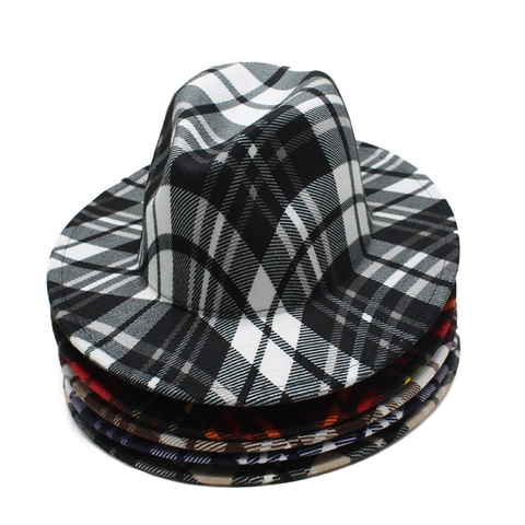 Vintage Plaid Fedora Hut Breite Krempe Wollfilz Jazz Kappe Britischen Stil Kariert Herren Damen Outdoor Accessoire
