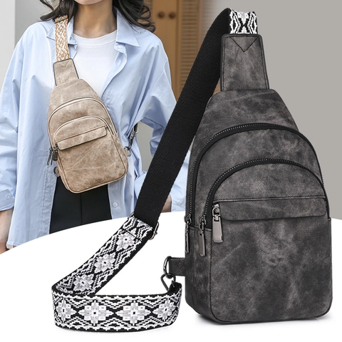 Bolso De Pecho Para Mujer Sling Bag Cuero PU Multi Bolsillo Correa Ancha Étnica Bandolera Casual Moda Callejera